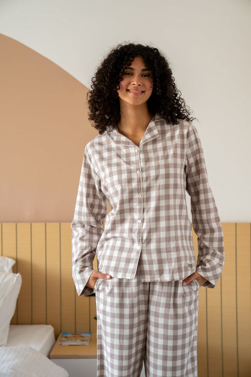 Women Summer Pajama Set Choco Checkered buttoned shirt + Pants